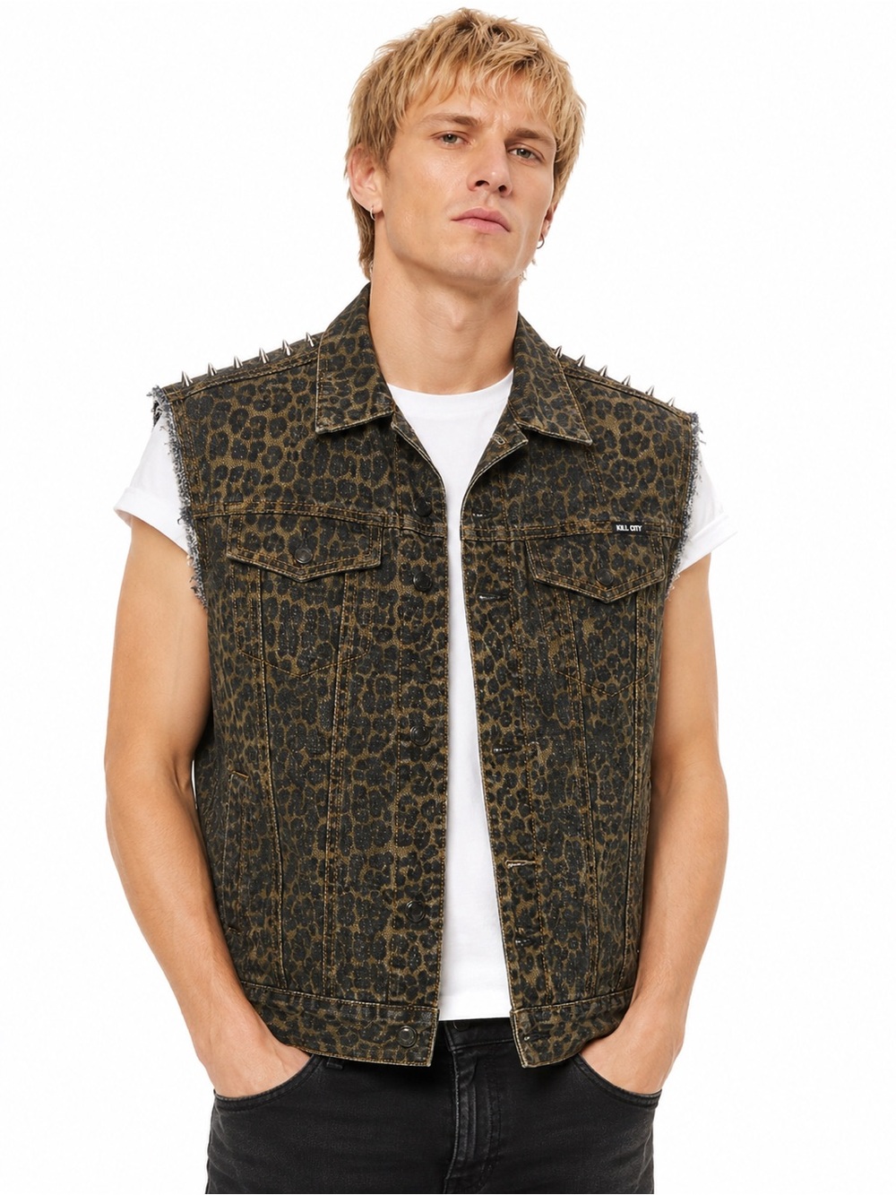 Kill City Mens Size Large Leopard Print Sleeveless Denim Vest with Studs